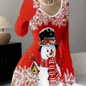 Red and white festive dress with a snowman design. Size M.
